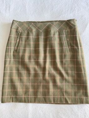 Talbots Olive Green Pink Windowpane Plaid Wool Blend Skirt Size 10